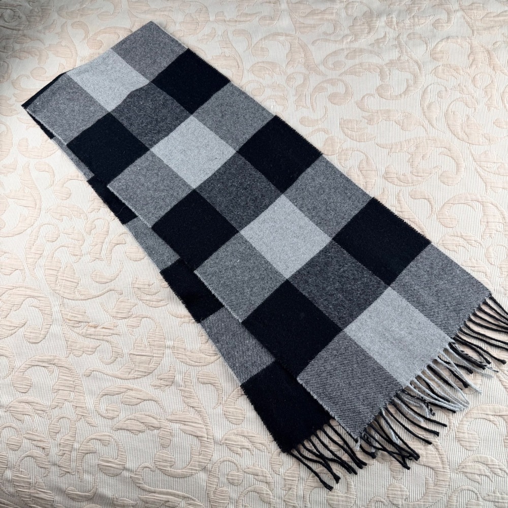Italian Woollen Treasures Black Grey Buffalo Check 100% Lambswool Scarf Italy